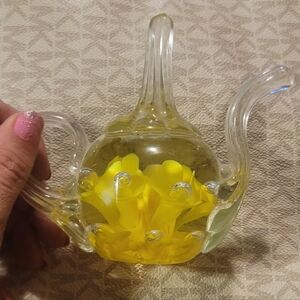 Joe St. Claire Antique Glass Blown Teapot with Yellow Flowers & Bubbles - Signed